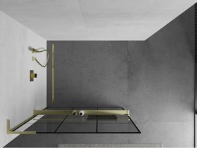 Mexen Kioto+ L, sprchová zástena Walk-In s poličkou a vešiakom 100 x 200 cm, 8mm číre sklo čierny vzor, zlatý matný profil, 800-100-123-55-77