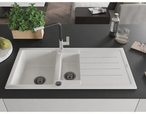 Mexen Andres, 1,5-komorový granitový drez 1000x500x200 mm a drezová batéria Flora, biela, 6515-20-670401-07-B