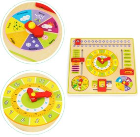 Drevená edukatívna manipulačná tabuľa, kalendár s hodinami, ECOTOYS