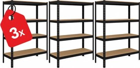 Akcia 3x Regál 150x70x30 cm lakovaný 4-policový, nosnosť 700 kg - čierny