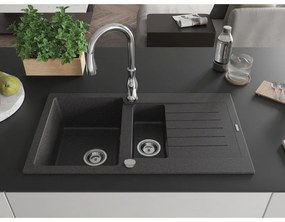 Mexen Matias, 1,5-komorový granitový drez 900x505x200 mm a drezová batéria Savita, čierna škvrtnitá, 6502-76-672601-00