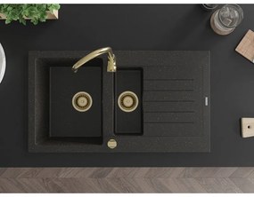 Mexen Matias - drez granitový 900x505x200 mm, 1,5-komorový, čierna-zlatá metalíza so zlatým sifónom, 6502901505-75-G