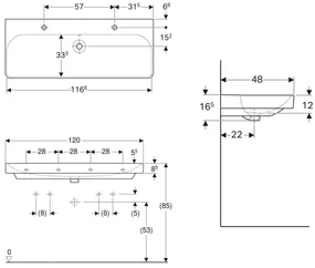 Geberit Smyle Square, dvojumývadlo 1200x480 mm s prepadom, 2 otvory na batérie, biela, GEB-500.253.01.1