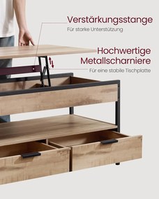 Konferenčný stolík, výškovo nastaviteľný, so zásuvkami, 50 x 100 cm, ťavohnedý