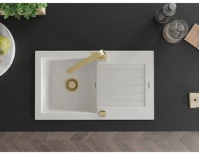 Mexen Pablo, granitový drez 752x436x161 mm, 1-komorový a zlatá batéria Rita, biela, 6510-20-670300-50