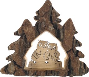 AMADEA Drevená dekorácia stromy s kôrou a sovami, masívne drevo, 10x13x3 cm