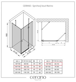 Cerano Marino, sprchovací kút 100(dvere) x 70(stena) x 190 cm, 6mm číre sklo, čierny profil, CER-CER-422868