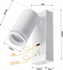 BERGE LED nástenné svietidlo GU10 s vypínačom a USB portom - biela