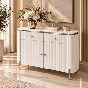 KOMODA GASTON II STRIEBORNÉ NOHY + BIELA + MRAMOR 120 cm