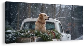 Vianočný obraz pes na korbe plnej ihličia