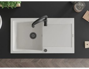 Mexen Leo, granitový drez 900x500x190 mm, 1-komorový a drezová batéria Aster, biela, 6501-20-73450-70-B