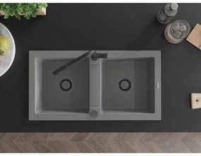 Mexen Mario, 2-komorový granitový drez 820x436x161 mm a drezová batéria Flora, šedá, 6504-71-670401-70-B