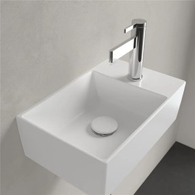VILLEROY &amp; BOCH Memento 2.0 závesné umývadielko s otvorom vpravo, bez prepadu, 400 x 260 mm, Stone White, s povrchom CeramicPlus, 432340RW