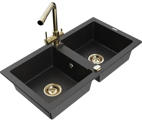 Mexen Mario, 2-komorový granitový drez 820x436x161 mm a zlatá drezová batéria Duero, čierna-strieborná metalíza, 6504-73-671600-50