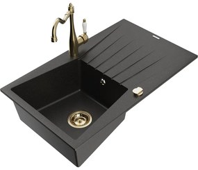 Mexen Cesar, 1-komorový granitový drez 775x470x190 mm a drezová batéria Carla, čierna-zlatá metalíza, 6514-75-670700-50