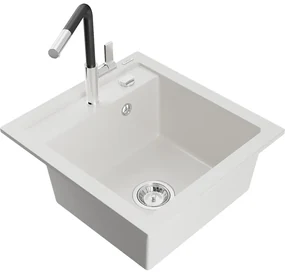 Mexen Vito, 1-komorový granitový drez 490x520x210 mm a drezová batéria Flora, biela, 6503-20-670401-07
