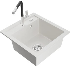 Mexen Vito, 1-komorový granitový drez 490x520x210 mm a drezová batéria Flora, biela, 6503-20-670401-07
