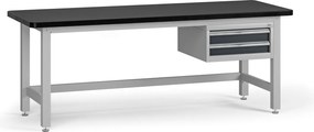 Pracovný stôl do dielne G4 so závesným boxom na náradie, MDF + PVC doska, 2 zásuvky, 2100 x 750 x 800 mm, grafit
