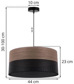 Závesné svietidlo Wood, 1x hnedá orechová dýha/čierne PVC tienidlo, (fi 44cm)