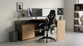 Rohový psací stůl Dany dub Artisan/antracit s herním křeslem Remus černo-bílým