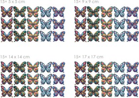 15 farebných motýľikov textilné preliepateľné nálepky na stenu 15 ks 9x9 cm