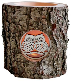 AMADEA Drevený svietnik z kôrového kmeňa s vkladom - sovy, masívne drevo, výška 12 cm