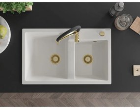 Mexen Tomas, 2-komorový granitový drez 800x500x190 mm a drezová batéria Aster, biela, 6516-20-73450-57-G