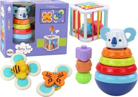 LEAN Toys Sada senzorických hračiek: Veža Koala, vzdelávacia kocka, spinnery
