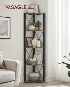 5-poschodová rohová polica 160x30x30 cm v hnedej a čiernej farbe