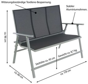 Garthen 70581 Záhradná hliníková lavička, 2-miestna, 119 cm, sivá
