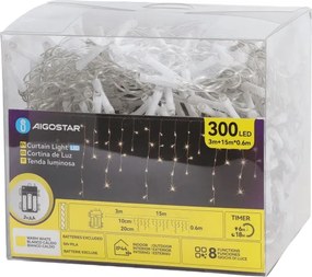 Aigostar - LED vonkajší vianočný reťazec 300xLED/8 funkcií 3xAA 18x06m IP44 teplá biela