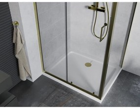 Mexen Apia, sprchový kút s posuvnými dverami 90 (dvere) x 70 (stena) cm, 6mm číre sklo, zlatý profil + biela sprchová vanička SLIM, 840-090-070-50-00-4010G