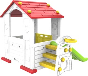 Ramiz Detský záhradný domček 3 v 1 Červená strecha + šmýkačka + basketbalový kôš
