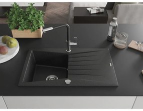 Mexen Cesar, 1-komorový granitový drez 775x470x190 mm a drezová batéria Flora, čierna-strieborná metalíza, 6514-73-670401-07