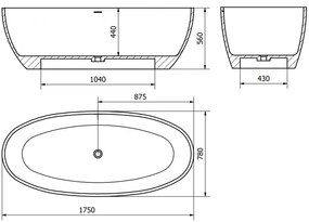 Mexen Torino, voľne stojaca vaňa z konglomerátu 175 x 78 cm, biela lesklá, 57271757810