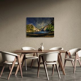 Sklenený obraz krajiny s jazerom (70x50 cm)