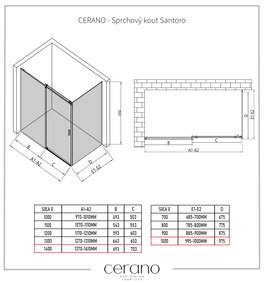 Cerano Santoro, sprchovací kút s posuvnými dverami 140(dvere) x 100(stena) x 195 cm, 6mm šedé sklo, čierny profil, CER-CER-425491