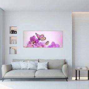 Obraz - Motýľ na kvetoch orchidey, lila (120x50 cm)
