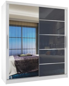 Šatníková skriňa 133 cm Belini biely mat / šedý lesk s posuvnými dverami zrkadlom a zásuvkami MGB SZP6/1/W/1L5S/KLAL