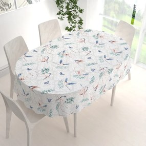 Biante Bavlnený oválny obrus Sandra SA-471 Lastovičky s motýlikmi na svetlo sivom ornamente 50x100 cm