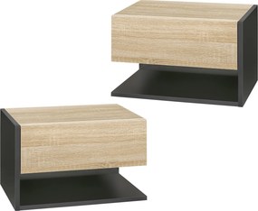 HOMCOM Sada 2 visiace stolíky k posteli s 1 zásuvkou a otvorenou policou do spálne 46x30x30 cm Dub a čierna | Aosom