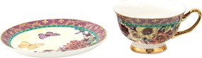 Porcelánová šálka s tanierikom s kvetmi a motýlikami - 12*10*6 cm / Ø 15*2 cm / 200 ml / Ř 15*2 cm / 200 ml