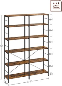 6-poschodová knižnica, vysoký úložný regál, 30 x 120 x 170 cm, hnedá a čierna