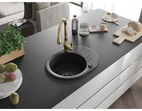 Mexen Kevin, granitový drez 586x458x190 mm, 1-komorový a drezová batéria Savita, čierna, 6517-77-672601-50-B