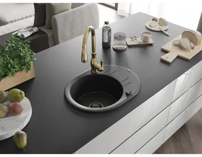 Mexen Kevin, granitový drez 586x458x190 mm, 1-komorový a drezová batéria Savita, čierna, 6517-77-672601-50-B