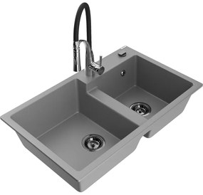 Mexen Tomas, 2-komorový granitový drez 800x500x190 mm a drezová batéria Aster, šedá, 6516-71-73450-07-B