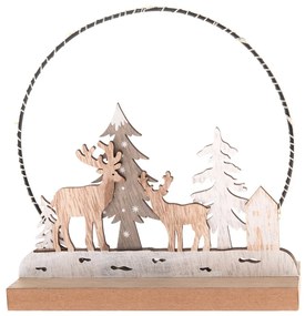 Drevená vianočná dekorácia s LED svetlom Deer forest, 16 x 16 x 6 cm
