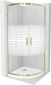 Mexen Rio, štvrťkruhový sprchovací kút s posuvnými dverami 80(dvere) x 80(dvere) x 190 cm, 6mm číre sklo s pásikmi, zlatý profil + biela sprchová vanička SLIM, 863-080-080-50-20-4110G