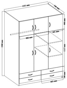 Šatníková skriňa STELLA, 135x194, dub sonoma