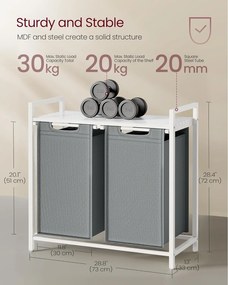 Kôš na bielizeň, 2-komorový, kovový rám, biela a sivá farba